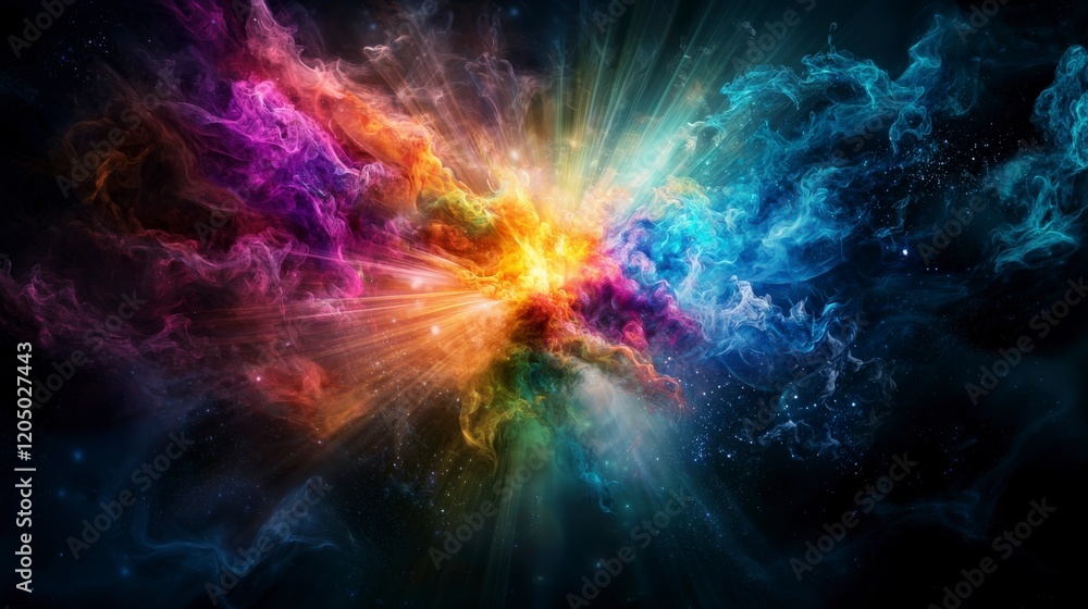 Aufkleber burst of light in dark space with rays emanating across cosmic landscape vibrant colors abstract art