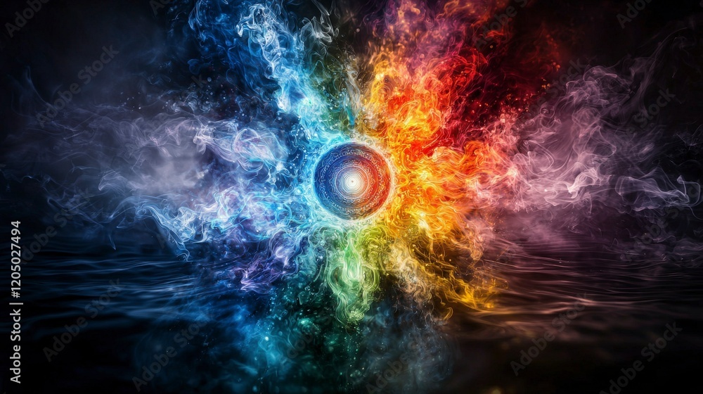 Poster Radiant chakra light patterns emanating from center cosmic space digital art ethereal environment abstract viewpoint