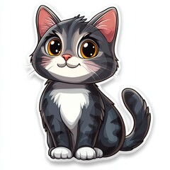 Obraz premium Adorable Cartoon Cat with Big Eyes Sitting and Looking Directly at the Viewer on a white Background