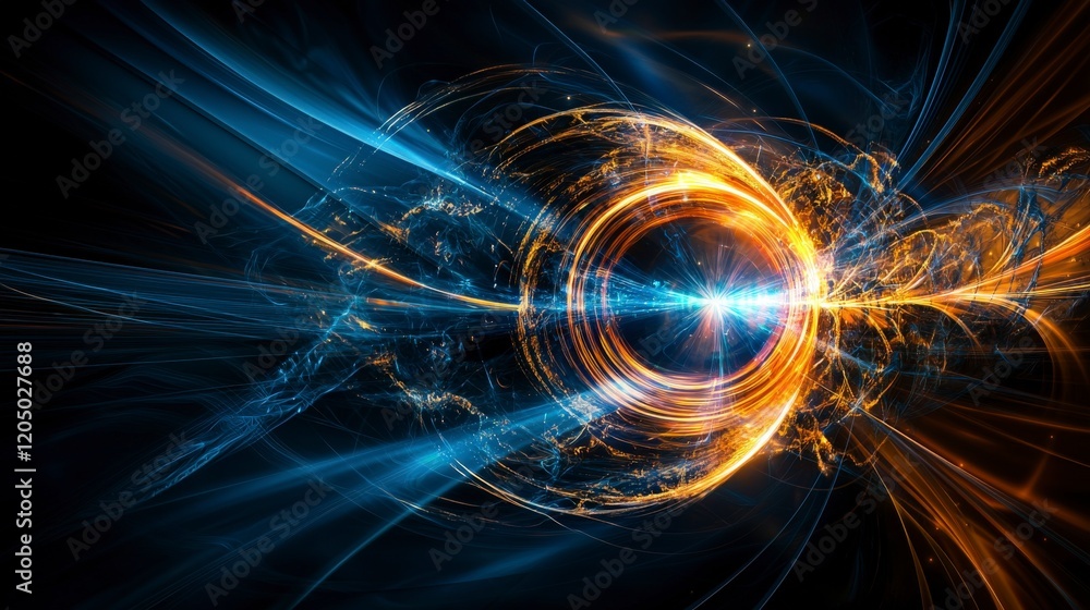 Poster dynamic circular motion of light beams abstract scene digital art dark background wide angle energy 