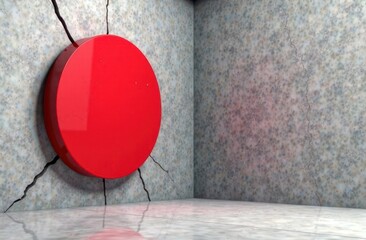 volumetric arrow crush into the red target on the concrete wall in corner of the room. Cracks on the wall. Banner, place for text on center. Concrete interior 