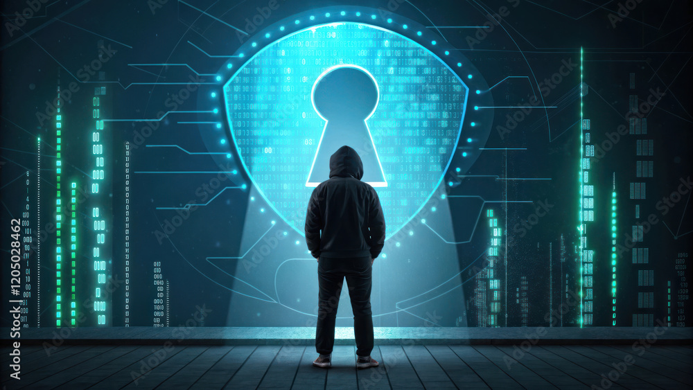 Aufkleber digital hacker silhouette stands before glowing keyhole, symbolizing cybersecurity
