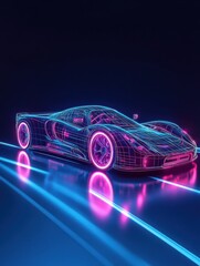 Naklejka premium Cyberpunk Futuristic retro wave synth wave car, Retro sports car with neon backlight contours, generative ai