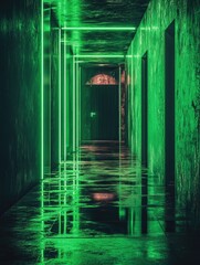 Obraz premium Dark Hallway with Green Lights and Red Umbrella