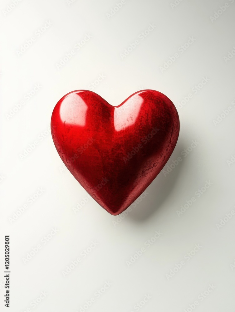 Poster simple red heart floating in the center of a clean white background, creating a minimalist and elega
