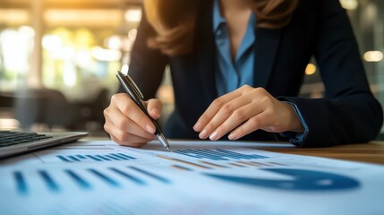 Businesswoman analyzing recession data and adjusting financial strategies in a corporate office.