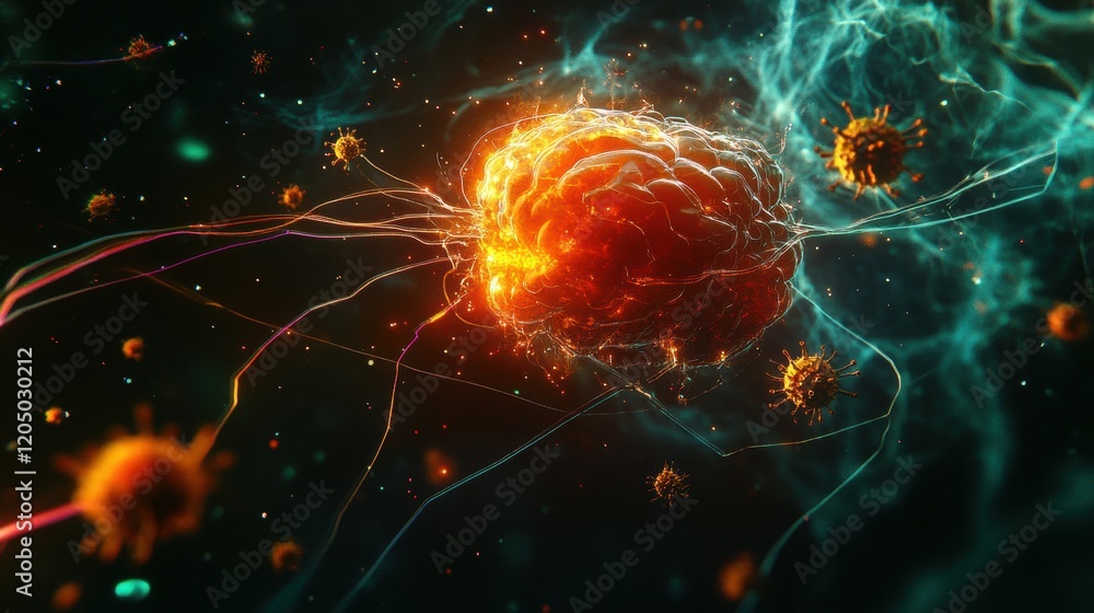 Fototapete colorful representation of a brain surrounded by abstract shapes and glowing elements showcasing neu