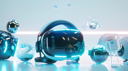 A VR headset with integrated augmented reality features, shown alongside modular lenses and a projection of a digital twin on a clean white backdrop.