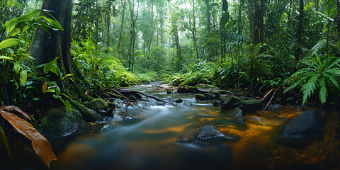 Fototapeta premium Calm Forest Stream Flowing Through a Lush Landscape