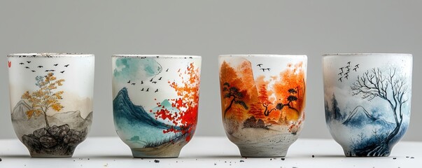 Design a captivating long shot showcasing cups that magically change color and pattern with the seasons Emphasize the transformation process to evoke awe and wonder