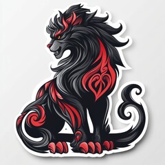 Stylized Lion Illustration with Intricate Red Tribal Tattoo Markings on Black Fur, Isolated on White Background