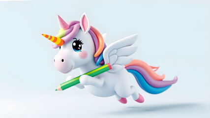 cute kawaii 3d rendered flying unicorn, smooth rounded surface, holding a large rainbow colored pencil, looking at viewer, bright rainbow vibrant colors. Generative AI