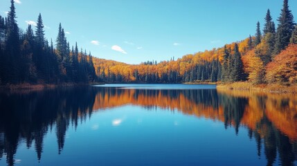 Fototapeta premium Autumnal lake reflecting colorful trees and sky