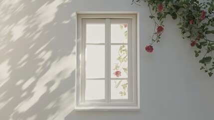 Elegant modern window profile with fine aluminum frame, resting on a smooth white sill, isolated against a pure white backdrop, perfect for ad space