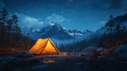 Illuminated tent under starry night sky near snowy mountain.