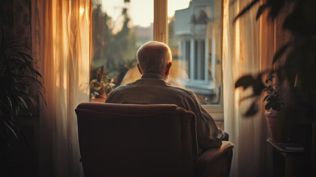 Rear view of senior man sitting on armchair and looking through the window. Lonely old man sitting at home near window during covid19 outbreak. Thoughtful retired man abandoned at nursing home.