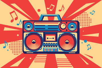 Obraz premium Music design - playing boom box tape recorder with musical notes on bright colorful retro background