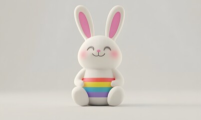 Fototapeta premium Happy rainbow bunny sitting, studio, white background, Easter