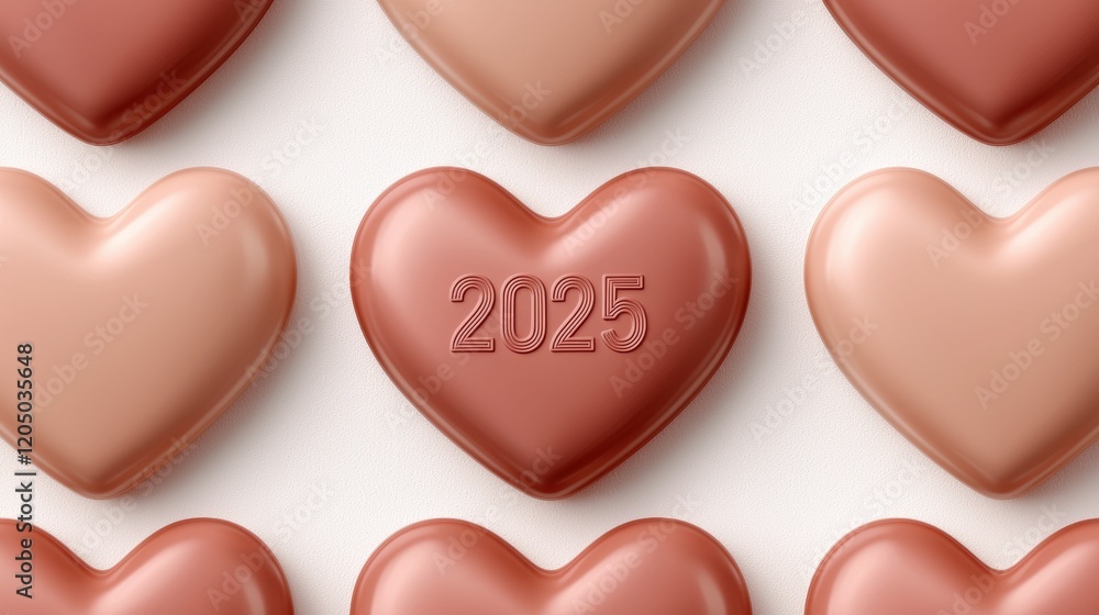 Poster a row of heart shaped chocolates with the number 2025 written on them