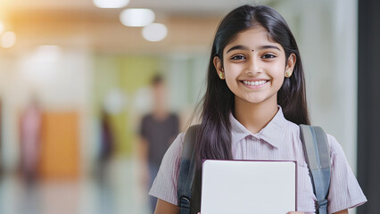 Indian school girl holding book at school corridor. Smiling teenager student in school uniform 