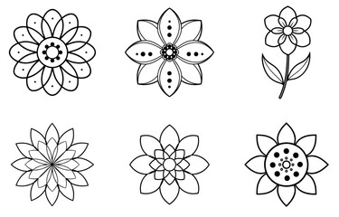 Set of Six Decorative Floral Line Art Icons for Graphic Design and Crafts