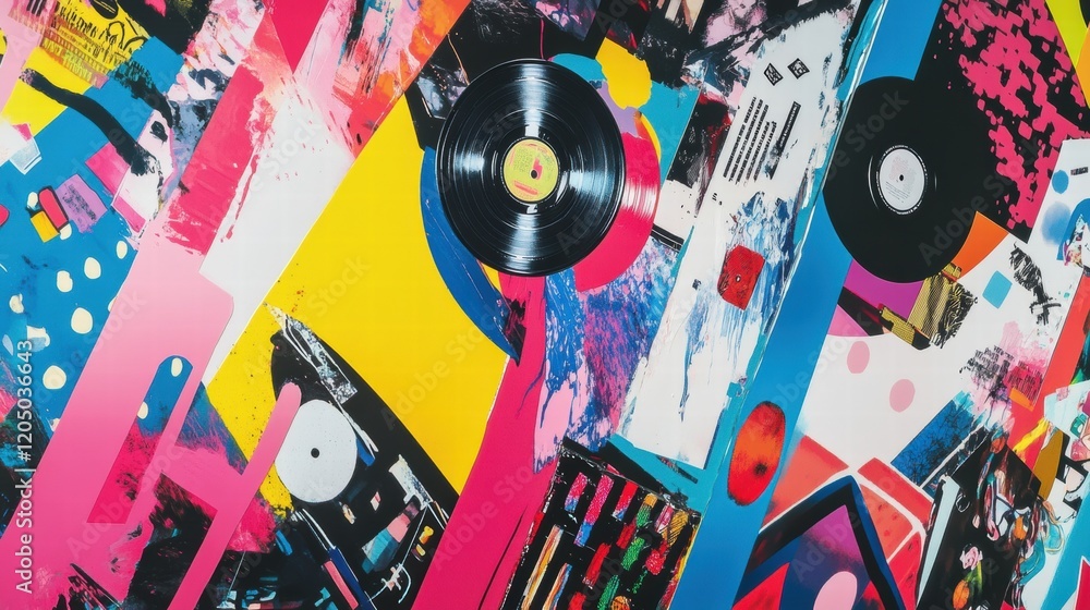Aufkleber Colorful abstract mural featuring vinyl records and vibrant patterns in a modern urban setting. Generative AI