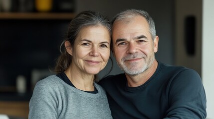 Fototapeta premium Fit active retired middle aged wife helping senior husband doing stretching exercise at home. Happy healthy older senior 60s couple enjoying fitness sport training workout together in apartment.