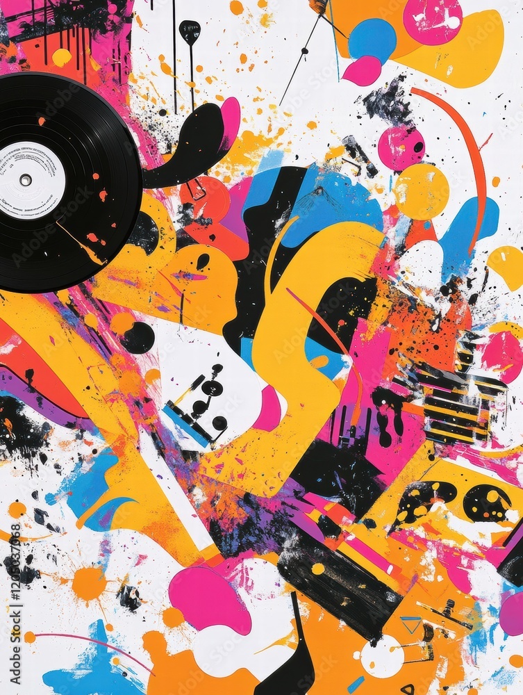 Poster vibrant artwork featuring a vinyl record and colorful abstract shapes with musical elements in a dyn