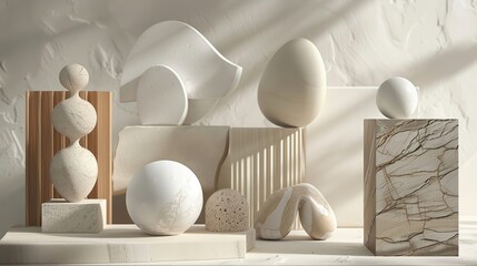 Design a collection of 3D clay renders that depict abstract representations of everyday objects and concepts, such as houses, cars, and trees 