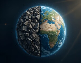 Half-earth consumed by decay, highlighting environmental fragility. Generative AI