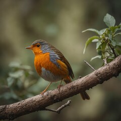 A vibrant orange robin resting on a branch, side-view, high-quality DSLR capture, blurred earthy tones in the background, full body shown.