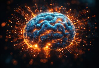 A brain with a blue and orange glow surrounding it