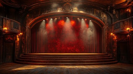 Empty stage in old theatre with red curtains and spotlights.