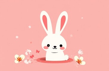 Fototapeta premium Seamless pattern with bunny rabbit cartoon in the hole and cute flower on pink background
