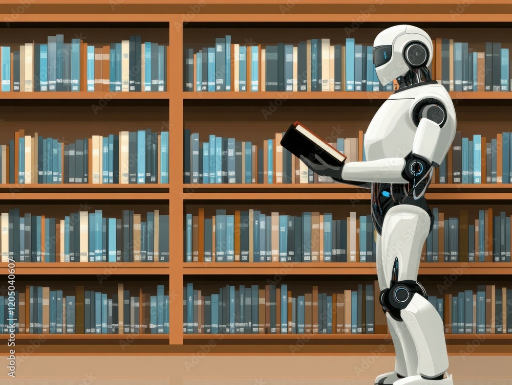 Aufkleber futuristic robot in a library holding a book while surrounded by shelves of colorful books, symboliz