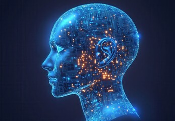 A computer generated image of a head with a blue background