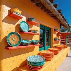 Cultural heritage showcase of vibrant pottery southwestern usa artistic display colorful atmosphere mixed angles honoring traditions