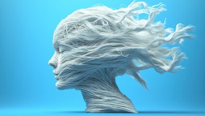A woman's face is made of wires and is displayed on a blue background