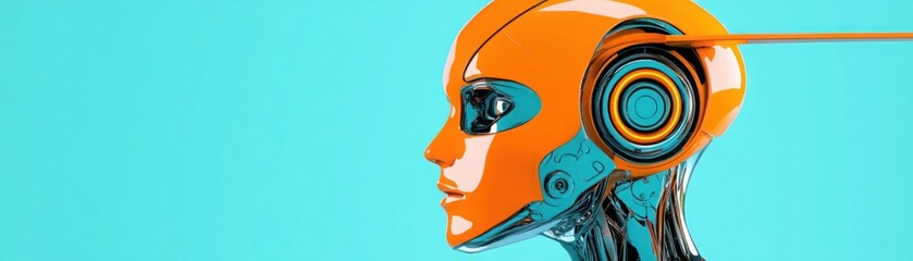 Fototapeta premium Futuristic Orange Robot Profile with High-Tech Features Against a Bright Blue Background, Showcasing Modern Design and Innovation in Robotics and Artificial Intelligence