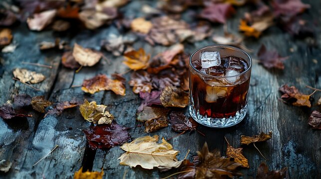 A rustic table decked with fallen foliage has an icy glass of java