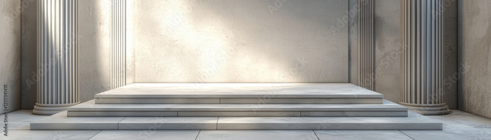 Poster a minimalist stage with steps and classical columns, illuminated by soft light, creating an elegant,