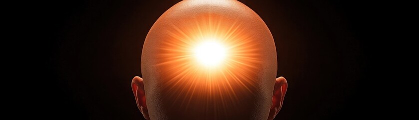 Obraz premium Glowing Light Emanating from Bald Head Symbolizing Creativity, Enlightenment, and Inner Wisdom Against a Dark Background for Conceptual Designs