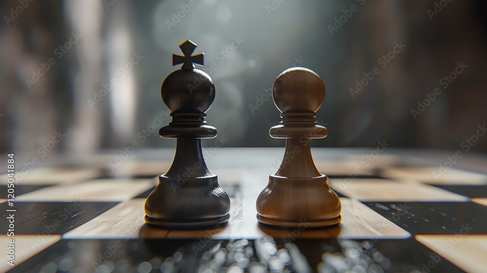 Poster the image is a 3d rendering of two chess pieces, a black pawn and a white pawn, facing each other on