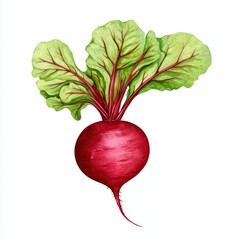 Watercolor Painting of a Fresh Beetroot with Vibrant Green Leaves