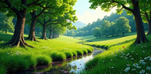 Fototapeta premium Lush meadow with tall trees and a winding stream, wildlife habitat, meadow