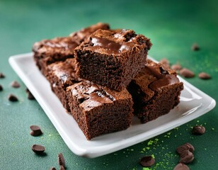 Fresh pieces of delicious chocolate brownies on green background
