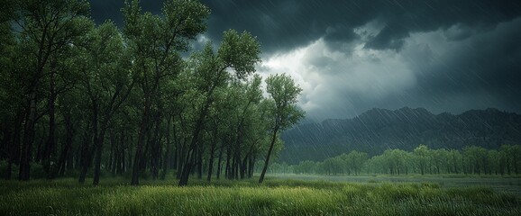 Rainy landscape with trees and mountains.
