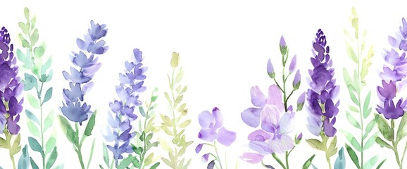 Soft watercolor spring flowers in pastel lavender and chartreuse, with a clear area for copy.