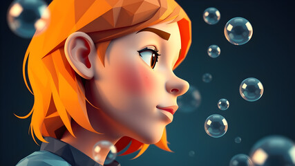 Low poly 3D image of storytelling character's profile with bubbles of life events surrounding her. Generative AI