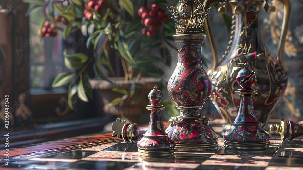 Poster 3d rendering of a chess set. the pieces are made of red and gold and are placed on a wooden board.